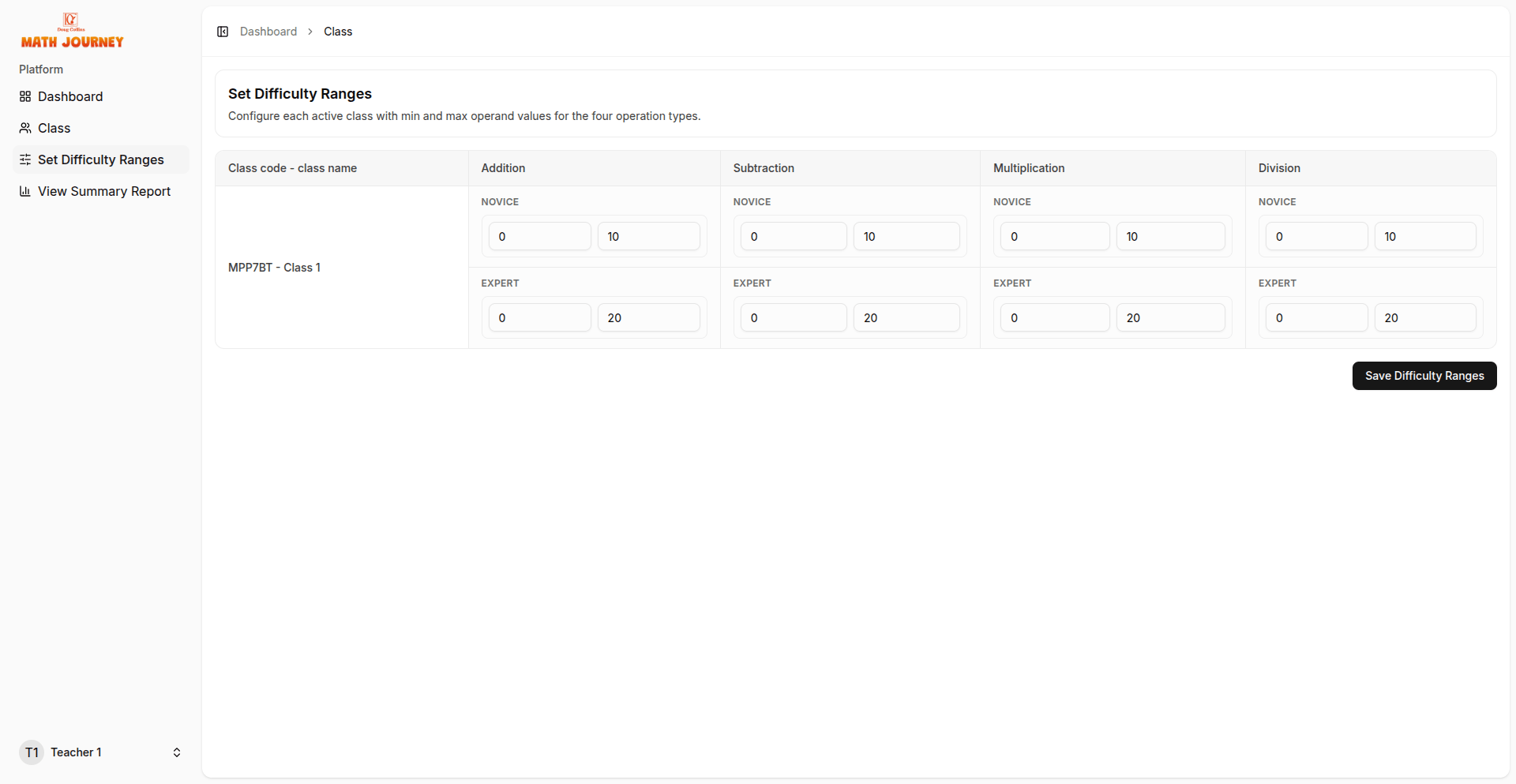 Set Difficulty Ranges dashboard for configuring operand ranges per operation