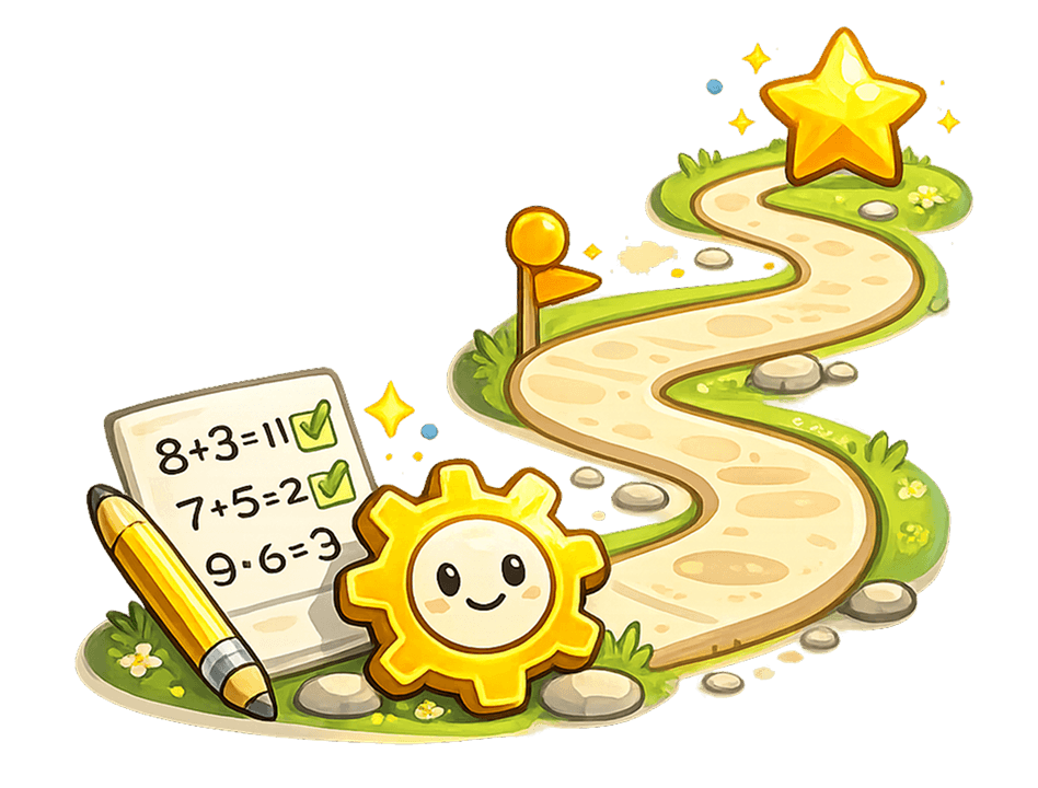 A learning path with math worksheets, a pencil, and a friendly gear character leading to a gold star