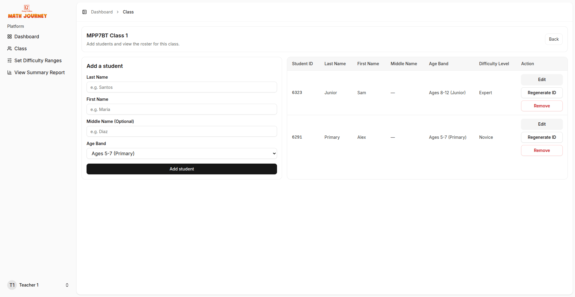 Teacher dashboard for adding students and viewing a class roster