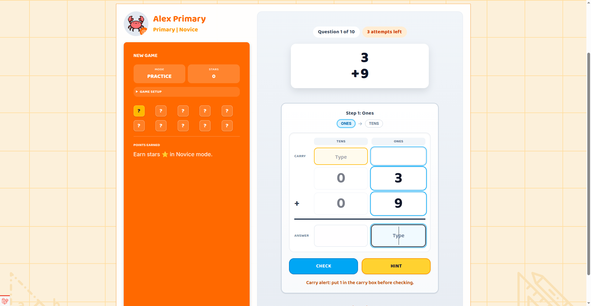 Math Journey app showing a practice session