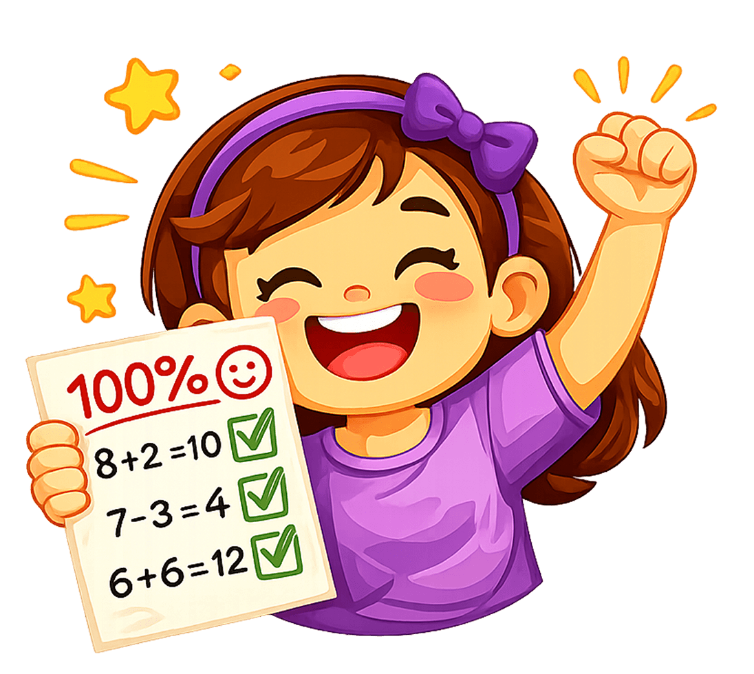 A happy child celebrating a perfect score on a math test