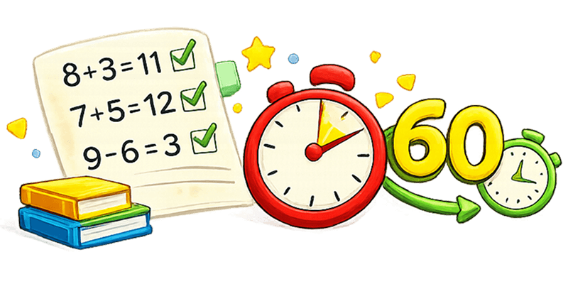 Math worksheet with correct answers, books, and a stopwatch showing 60 seconds