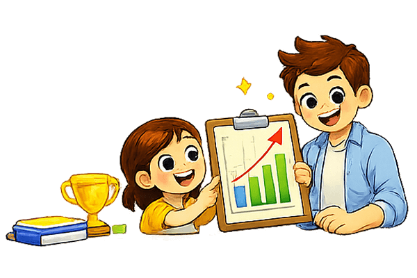 Students reviewing a progress chart on a clipboard with an upward trend