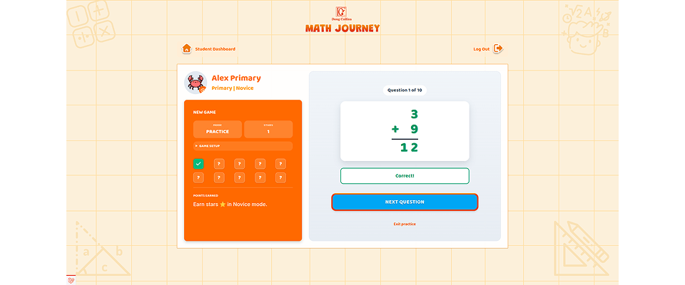 Math Journey Practice Mode showing a solved addition problem with correct feedback
