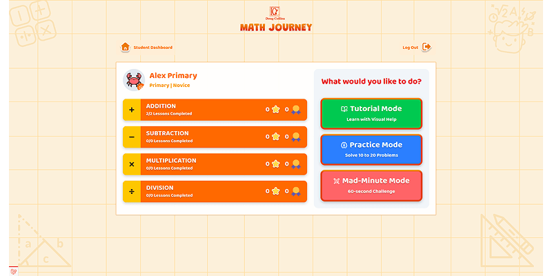 Math Journey student dashboard showing Tutorial Mode selected